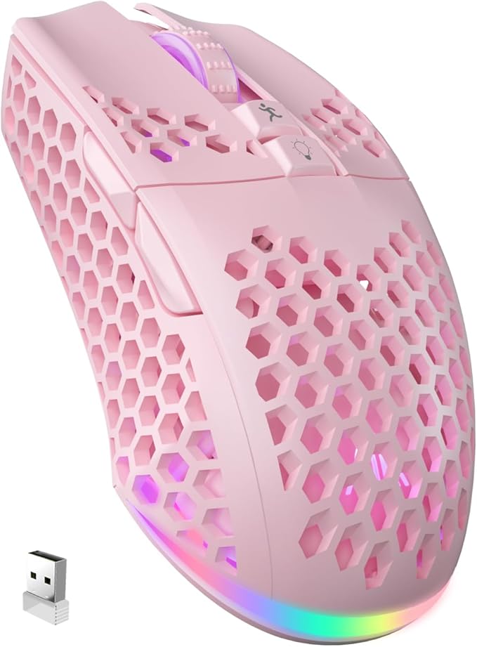 SOLAKAKA SM600 Pink Wireless Gaming Mouse with Honeycomb Shell, Side Buttons,Tri-Modes(BT5.1+BT5.1+2.4GHz) Lightweight RGB Wireless Mouse for PC/Tablet/Desktop/Office/Games