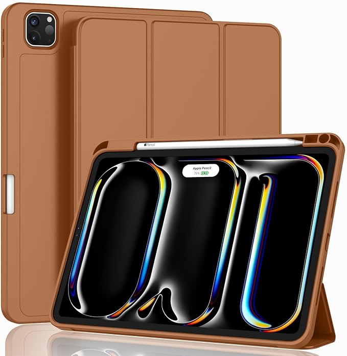 ZryXal iPad Pro 11 Inch Case (M5) 2025/ (M4) 2024 (Model: A2836/A2837/A3006), Trifold Stand Smart Cover with Pencil Holder and Soft TPU Back, Auto Wake/Sleep (New Brown)