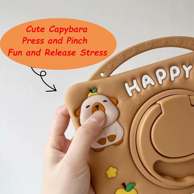 3D Cute Press Capybara Case for iPad 9th/8th/7th 10.2 inch/Air 3rd 2019 /Pro 2017 10.5 inch,Kawaii Cartoon Character Capybara Soft Silicone Rotating Stand Case with Lanyard for Kids Girls Women