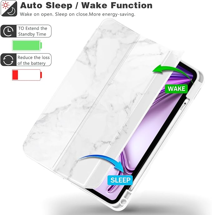 ZryXal New iPad Air 13 Inch Case M3 2025/M2 2024 with Pencil Holder, Trifold Stand Smart Case with Soft TPU Back,Auto Wake/Sleep(Marble White)