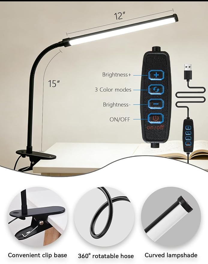 2 Pack Clip On LED Desk Lamp, 3 Lighting Modes 10 Brightness Levels, Flexible Goose Neck Swing Arm Task Lamp, Eye Caring USB Powered Clamp Light for Home Office Study Reading Bedside