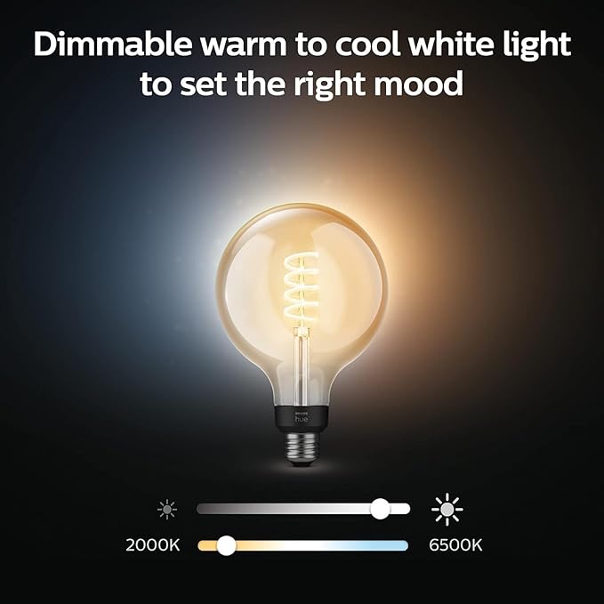 Philips Hue Smart 60W G40 Filament LED Bulb - White Ambiance Warm-to-Cool White Light - 4 Pack - 550LM - E26 - Indoor - Control with Hue App - Works with Alexa, Google Assistant and Apple Homekit