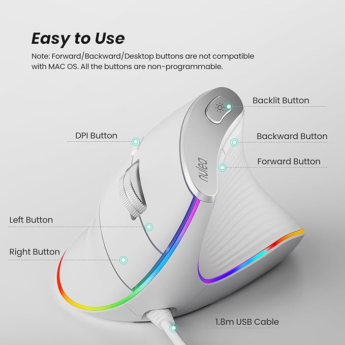 Nulea M504 Wired Vertical Mouse, USB Ergonomic Optical Mouse with 4 Adjustable DPI, 11 RGB Backlight Modes, Compatible for Laptop, PC, Desktop, Mac, White