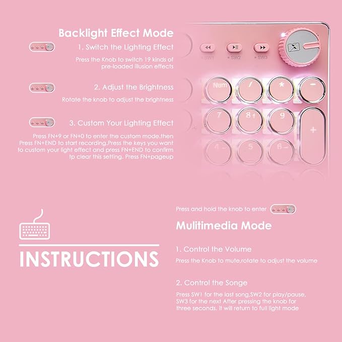 Pink Typewriter Keyboard and Mouse,Retro Vintage Mechanical Gaming Keyboard with White LED Backlit,104 Keys Anti-Ghosting Blue Switch Wired Cute Keyboard,Round Keycaps for Desktop PC/Laptop Mac