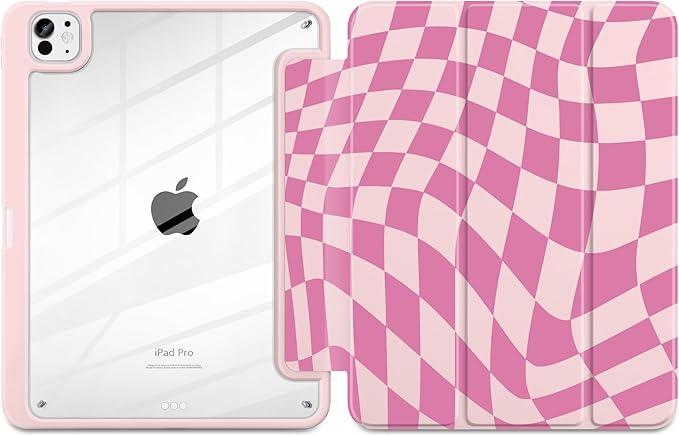 TWOLSKOO Case for iPad Pro 11-inch (M5 2025 / M4 2024), Clear Acrylic Back with TPU Bumper, Pencil Holder, Trifold Stand, Auto Sleep/Wake, Pink Wavy Checker