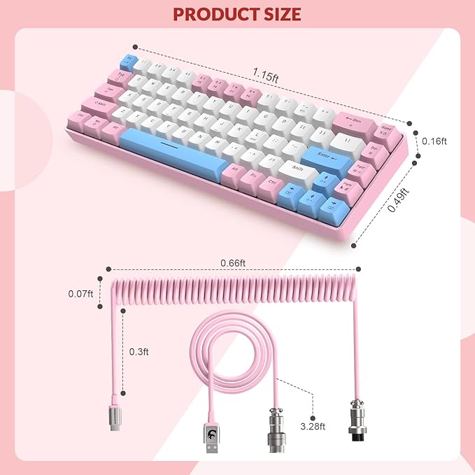 ZIYOU LANG RK-T8 Wired 65% Mechanical Gaming Keyboard with RGB LED Backlit Anti-ghosting TKL Mini 68 Key Custom Coiled C to A Cable Tactile Blue Switch for PS4 PS5 Xbox PC Mac Gamer(Pink/White/Blue)