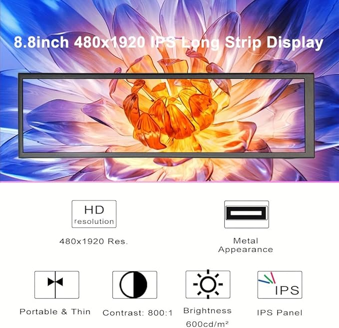 8.8-inch Touchscreen Bar Display, 1920x480, Metal Shell IPS Portable Touch Monitor with USB-C Port. Compatible with Raspberry Pi, Laptop Aida64 Monitoring, GPU/CPU Stats, and PC Case Mini Screen
