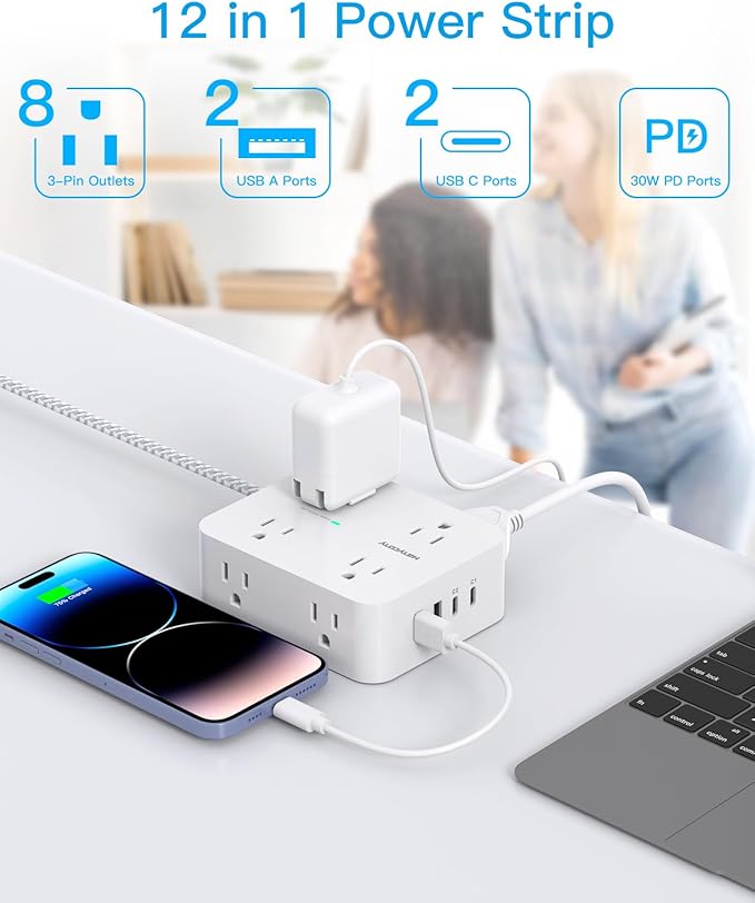 PD 30W USB C Power Strip 15Ft, HANYCONY 8 Outlets Surge Protector 4 USB (2 USB C Ports), 1080J Desk Charging Station for Multiple Devices, Flat Plug Extension Cord for College Dorm Room Essentials