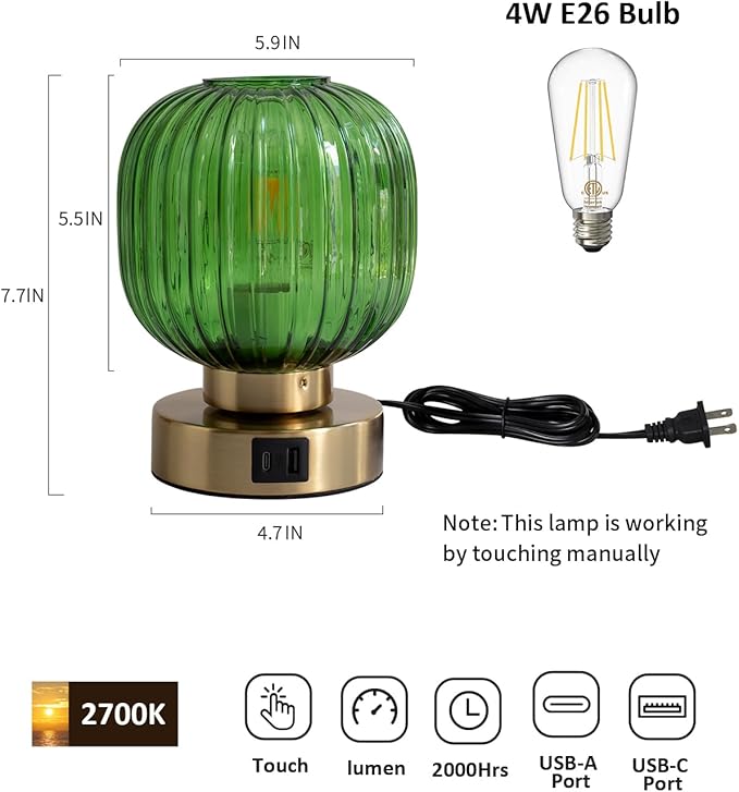Elenhome Touch Small Table Lamp,Elegant Green Glass Bedside Lamp 3 Way Dimmable with USB C+A Charging Ports - Bedroom Nightstand & Living Room Essential, 4W Bulb Included (Green)