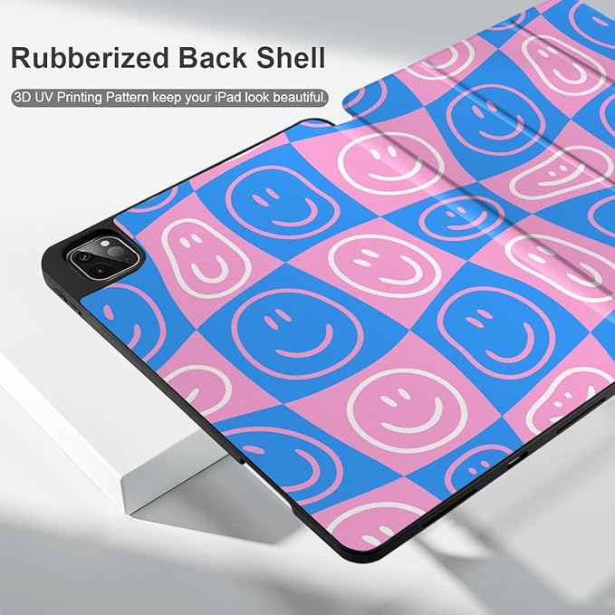 MEEgoodo Case for iPad Pro 12.9 Case M2 6th/5th/4th/3rd Generation 2022 2021 2020 2018, Protective Tablet Cover with Soft Back Shell for Kids, Smiling Faces & Checkered