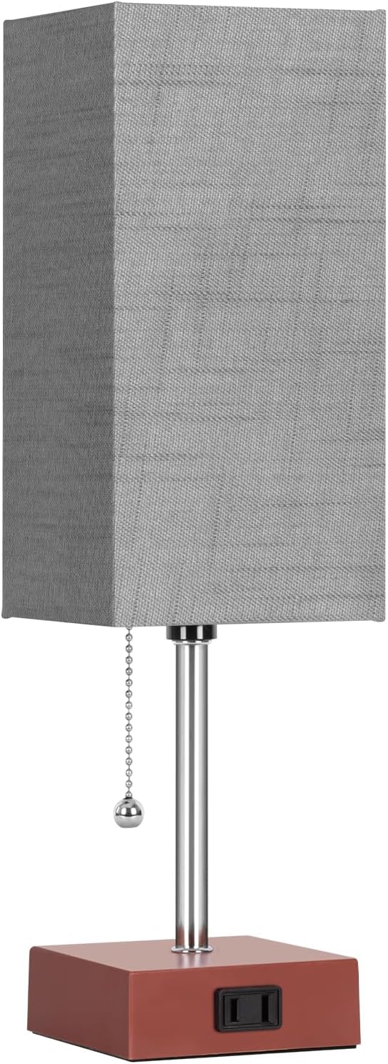 PLMMY Bedside Table Lamp for Bedroom Nightstand, 3 Color Pull Chain Nightstand Lamps Set of 2 with AC Outlets, Square Gray Lampshade Bedside Lamp for Living Room, Office Desk, LED Bulb Included