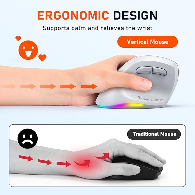 MEETION Left-Handed Ergonomic Wireless Vertical Mouse with RGB, Bluetooth (5.2 + 3.0) & 2.4G USB-A with Type-C Adapter, 4 Adjustable DPI for Mac/Windows/PC/Tablet/iPad, Gray
