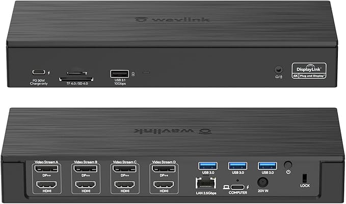 WAVLINK DisplayLink Laptop Docking Station - Quad Monitor 5K/4K@60Hz, 100W Charging - Thunderbolt 5/4, USB-C/A - M1-M5 Mac/MacBook Neo/Windows/Chrome- 4 HDMI, 4 DP, 180W Power, SD 4.0 CR, 2.5Gbps LAN