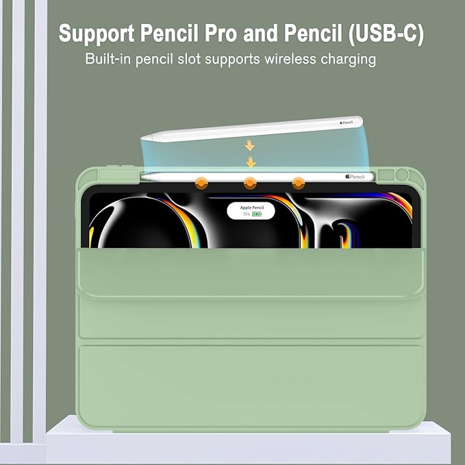 ZryXal iPad Pro 11 Inch Case (M5) 2025/ (M4) 2024 (Model: A2836/A2837/A3006), Trifold Stand Smart Cover with Pencil Holder and Soft TPU Back, Auto Wake/Sleep (Matcha Green)