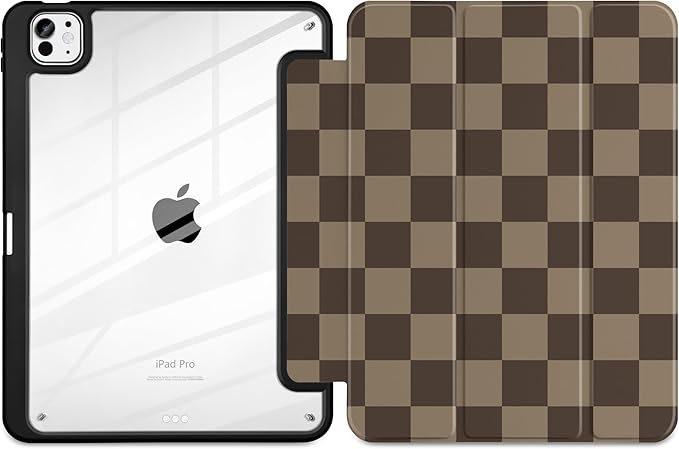 TWOLSKOO Case for iPad Pro 11-inch (M5 2025 / M4 2024), Clear Acrylic Back with TPU Bumper, Pencil Holder, Trifold Stand, Auto Sleep/Wake, Brown Checkerboard