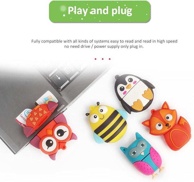 5x32GB USB Flash Drive with Chain Cute Animals Owl Penguin Bee Fox Computer Memory Stick USB 2.0 for Students