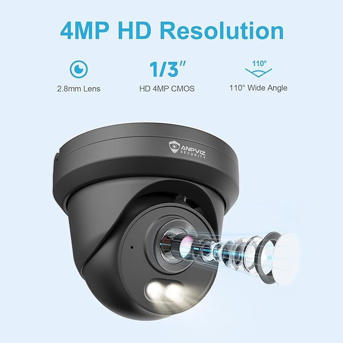 Anpviz 4MP PoE Camera Black, Full Metal Turret Security IP Camera Outdoor Wired, AI Human Motion Detection, Smart Color Night Vision, Built-in Mic, 2.8mm Lens@25FPS, NDAA, IPC-D3B43B-S (U Series)