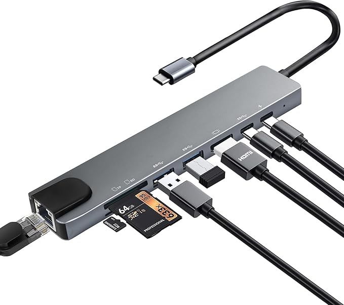 USB C Hub Multiport Adapter, 8 in 1 USBC Dongle with 4K HDMI, RJ45 Ethernet, 100W PD Charging, USB 3.0, SD/TF Card Reader, USB-C Docking Station for MacBook Pro/Air, Dell, HP and Other Type C Devices