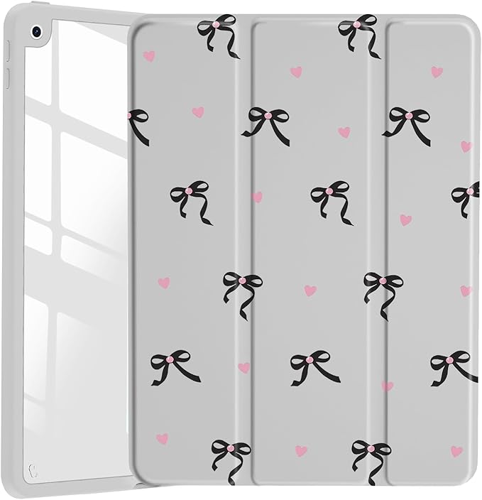 JOYLAND Cute Ribbon Bowknot Case for iPad Pro 13-inch (M4) 2024, Clear Acrylic Hard Back Grey Case with Pencil Holder Trifold Stand Tablet Cover (Model Number:A2925/A2926/A3007)