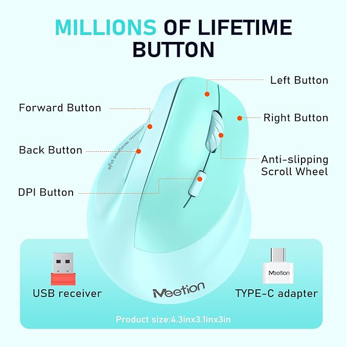 MEETION Ergonomic Mouse, Wireless Vertical Mouse RGB Backlit Rechargeable Mice for Bluetooth(5.2 + 3.0) & USB-A with USB-C Adapter 4 Adjustable DPI for Mac/Windows/Andriod/PC/Tablet/iPad GN