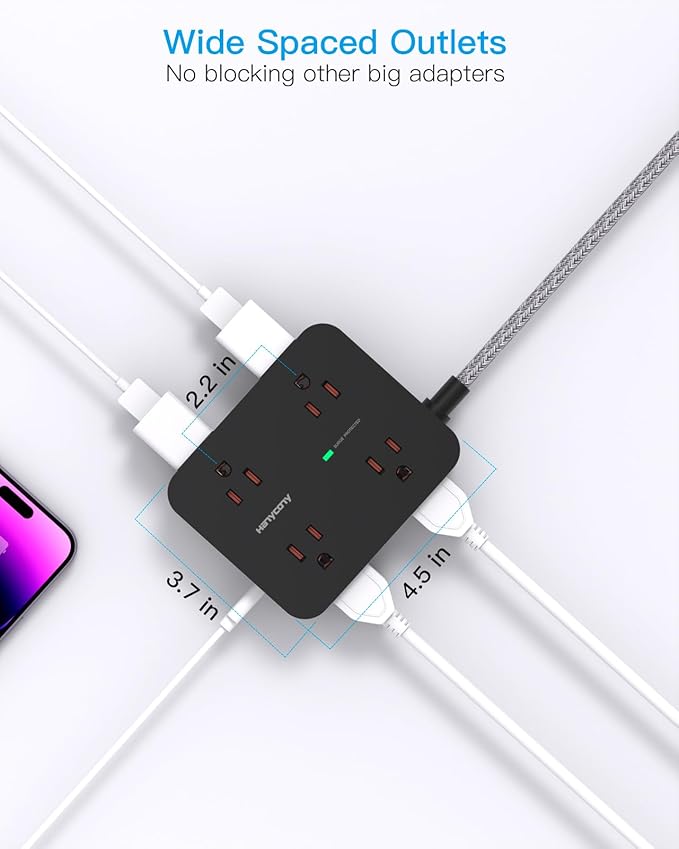 Power Strip Surge Protector 10 Ft Cord, HANYCONY Extension Cord Flat Plug with 8 Outlets 4 USB Ports(2 USB C), Wall Mount, Desk Charging Sation for Home Offcie