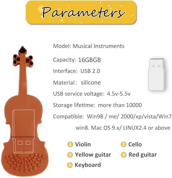 5x16GB USB Flash Drive Musical Instruments USB 2.0 Memory Stick Pen Drive(Yellow Guitar,Red Guitar,Cello,Violin,Piano)
