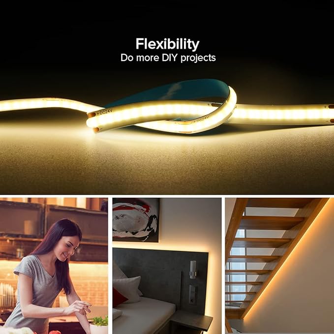 16.4FT COB LED Strip DC12V Warm White Flexible High Density Uniform Bright Light Strip 320LEDs, CRI90+ Dimmable 3000K LED Light for DIY Kitchen Bedroom Home Decor, No Power and Controller