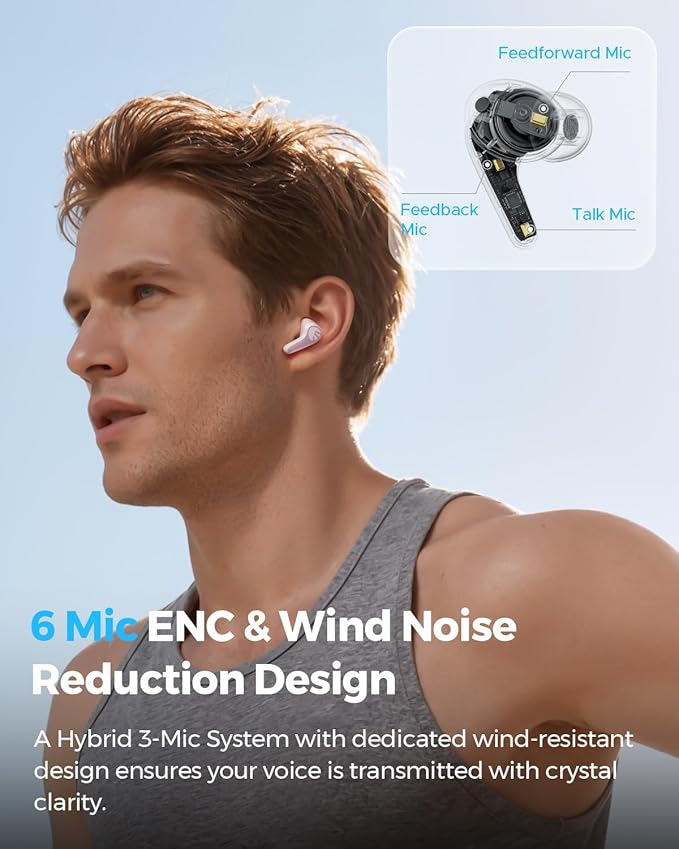 SoundPEATS C30 Hybrid ANC Earbuds, LDAC Hi-Res Audio, 52H Playtime, 52dB Adaptive Noise Cancelling Wireless Earbuds, 6-Mic Clear Call, 12mm Driver, Bluetooth 6.0, Multi-Point, IP54 - Pink