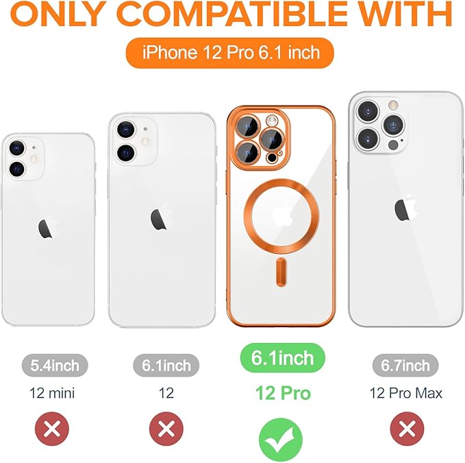 Hython Magnetic Clear for iPhone 12 Pro Case with Camera Lens Protector [Compatible with MagSafe] Luxury Plating Edge Slim Soft TPU Cover Protective Phone Case for iPhone 12 Pro 6.1", Matte Orange