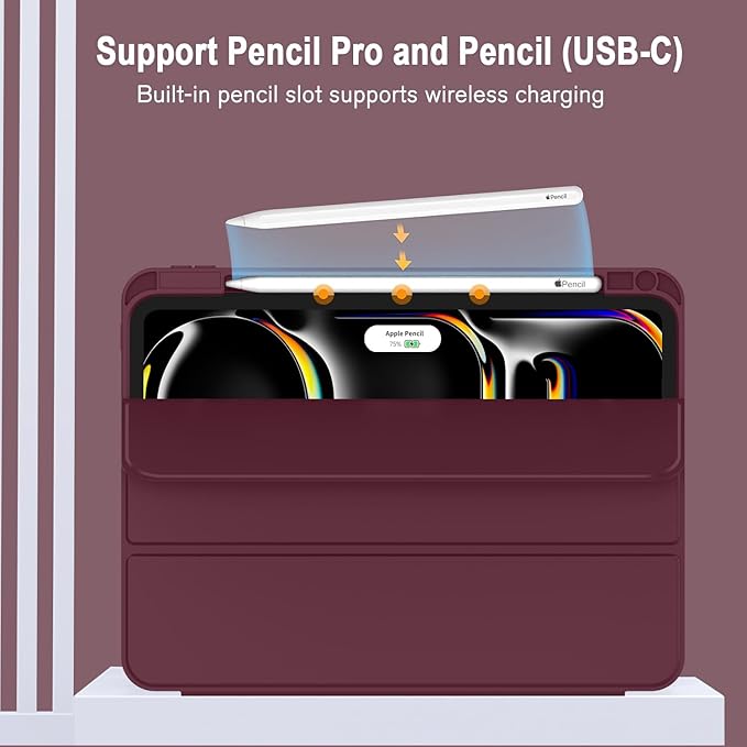 ZryXal New iPad Pro 13 Inch Case (M5) 2025 / (M4) 2024 with Pencil Holder, Smart iPad Case [Support Pencil Pro and Pencil (USB-C)], Support Touch ID and Auto Wake/Sleep (Wine)