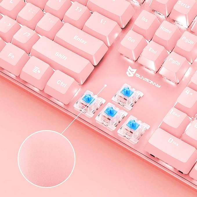 Merdia Full Size Wired Mechanical Gaming Pink Keyboard | Blue Switch 104 Keys US Layout Full Size Pink PC Gaming Keyboards | Hot Swappable LED Backlit Light Up Wired Mechanical Computer Keyboards