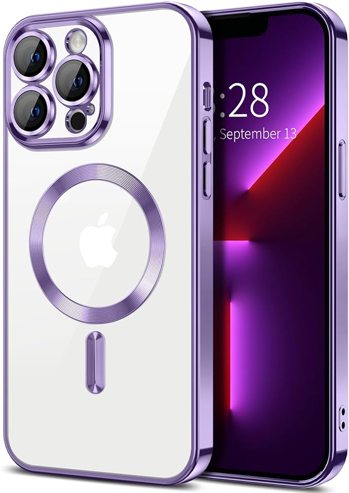 Hython Magnetic Clear for iPhone 13 Pro Case with Camera Lens Protector [Compatible with MagSafe] Luxury Plating Edge Slim Soft TPU Cover Protective Phone Case for iPhone 13 Pro 6.1", Light Purple