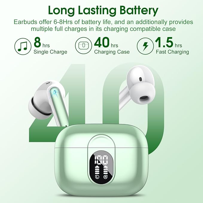 Wireless Earbuds, 2025 Bluetooth Headphones 5.3 HiFi Stereo Earphones, 40H Playtime in-Ear Earbud, Bluetooth Earbud with LED Power Display, IP7 Waterproof Earphones Sport Headset for Android iOS
