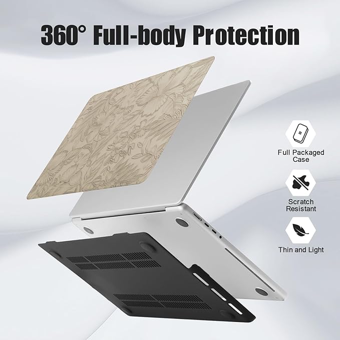 DTangLsm for MacBook Air 15 inch Case 2026 2025 2024 2023 M5 M4 M3 M2 A3448 A3241 A3114 A2941, Elegant Texture Retro Leather Hard Cover for M5 MacBook Air 15 Case+Keyboard Skin,Apricot Embossed Floral