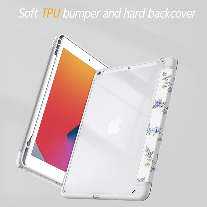 Case for iPad 9th / 8th / 7th Generation (2021/2020/2019) 10.2 inch, Case with Pencil Holder, Stand Clear Back Cover Cute Cool Design for Women Girls, Auto Sleep/Wake, Blue Rose