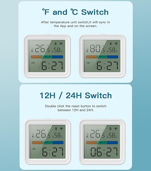 WiFi Thermometer Hygrometer: Smart Temperature Humidity Sensor with App Control, Notification Alerts, Calibration, Backlit, Air Comfort Indicator, Room Temperature Monitor Compatible with Alexa