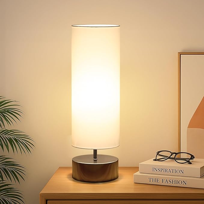 Touch Table Lamp, 3-Way Dimmable Modern Minimalist Accent Bedside Lamp with Cylinder Fabric Shade, Night Light Nightstand Desk Lamp for Bedroom Living Room Kitchen, 9W LED Bulb Included