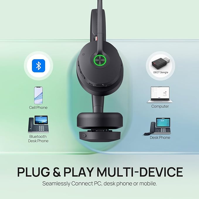 Yealink WH68 Hybrid DECT 6.0 & Bluetooth Wireless Headset with Charging Stand, Enterprise Grade ANC Office Headphones, 492ft Range, 6-Mic Noise Cancelling for Teams, Zoom, UC, PC/Smartphone,32H Call