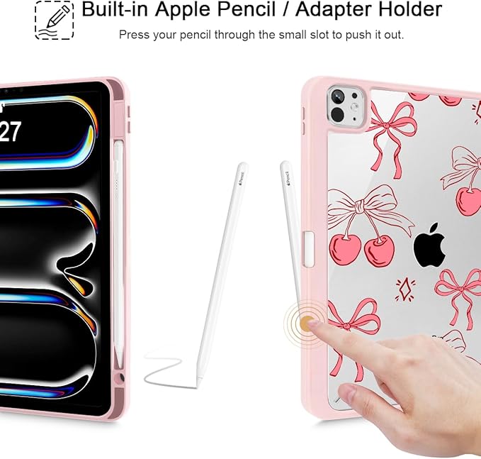 May Chen Case for iPad Pro 11-Inch M5/M4 2025/2024 (6th/5th Generation), [Penceil Holder] Trifold Stand Auto Wake/Sleep Clear TPU Protection Back Cover, Coquette Cherry Bow