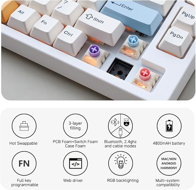 NJ80-AP Wireless Mechanical Keyboard with Knob Bluetooth 5.0/2.4G/Wired Connection 75% Hot Swappable Custom RGB Programmable Gaming Keyboard with PBT Keycap for Win Mac