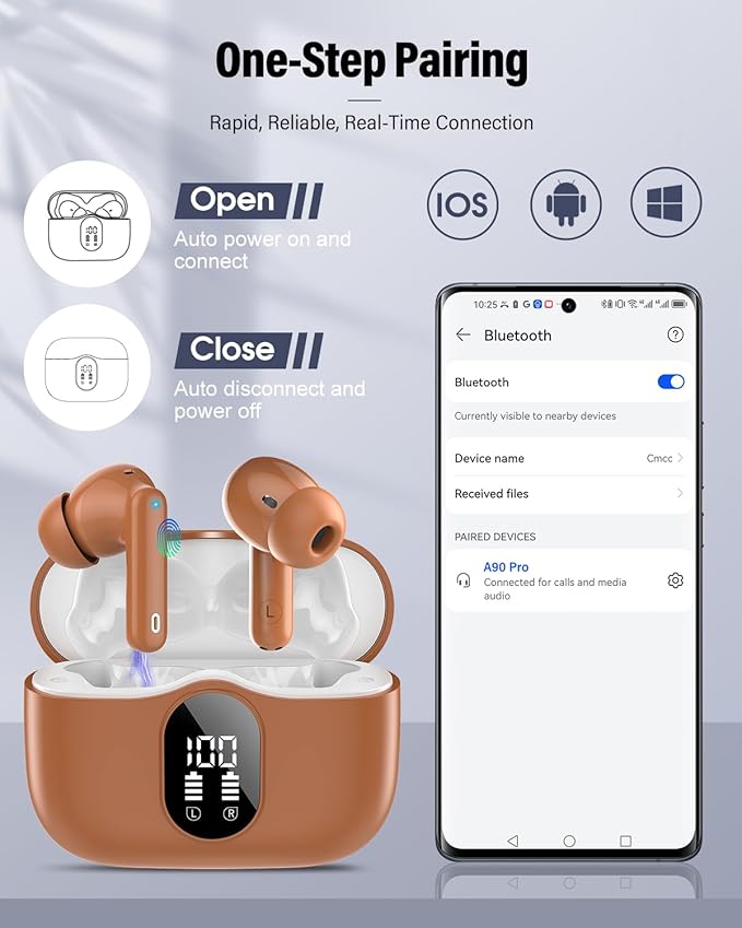 Wireless Earbuds, Bluetooth 5.4 Headphones Bass Stereo, Ear Buds with Noise Cancelling Mic, LED Display in Ear Earphones Clear Calls, IP7 Waterproof Bluetooth Earbuds for Laptop/Phones/Sports, Brown