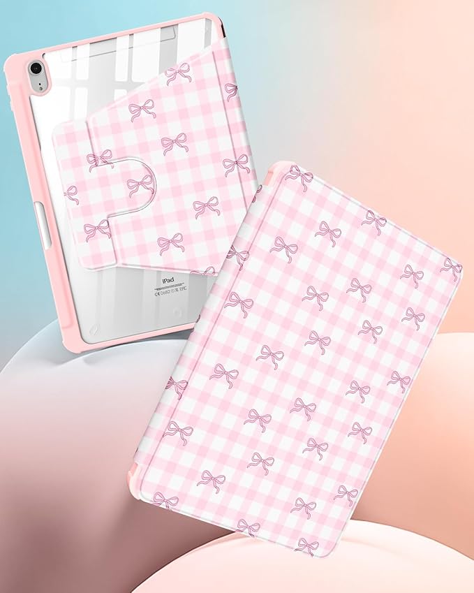 Uppuppy for iPad mini 7 Case (A17 Pro) for iPad mini 6th Generation Case - 360 Rotating Stand Folio Smart Cover with Pencil Holder for Women, Pink Bow Plaid for Apple Tablet Mini 8.3 inch 2024/2021