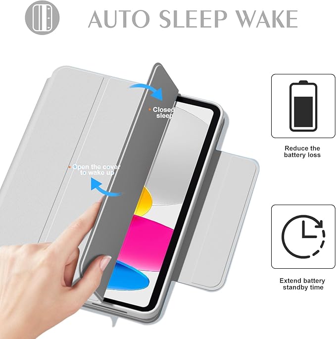 ZENLU iPad 10th 11th Generation Magnetic Case with Removable Folio Cover, Semi-Silicone Leather, Vertical Stand, Clear Back, Smart Sleep/Wake, Full Protective Case for iPad 10 & 11(A16) (Grey)