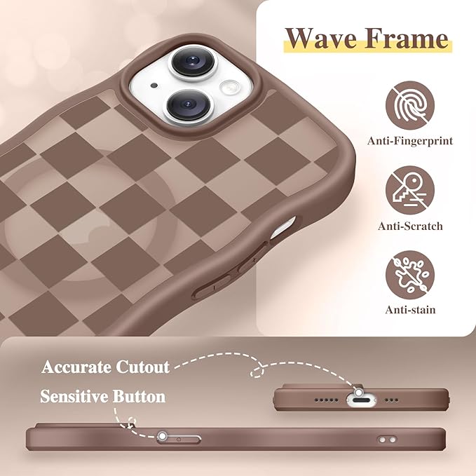 GVIEWIN Cute for iPhone 14 Case & iPhone 13 Case [Compatible with MagSafe] [Curly Wave Edge] Floral Translucent Magnetic Shockproof Protective Phone Cover for iPhone 14/13 6.1'', Grids/Brown