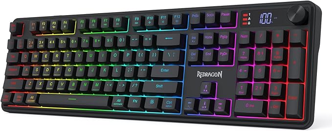 Redragon K526 PRO RGB Wireless Membrane Gaming Keyboard, 104 Keys Mechanical-Feel Keyboard w/LED Info Display, Media/Backlit Knob Control, Smooth Linear Switch & Software Supported