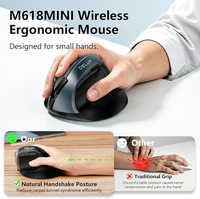 DELUX Wireless Ergonomic Mouse, Vertical Mouse for Small Hands, Silent Click Ergo Mouse, Up to 4000 DPI, 6 Buttons, Rechargeable, 2.4G/BT 5.2 Dual-Mode, Compatible with Laptop/PC (M618MINI-Iron Gray)