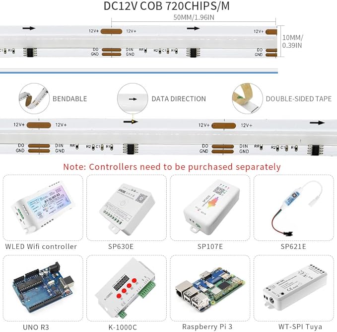 Smart WS2811 IC RGB COB LED Strip 3.2FT/1M, 720LED/m 20IC/M 10mm Width High Density Uniform Chasing Color Light DC12V White PCB Flexible Tape Light(No Adapter or Controller)