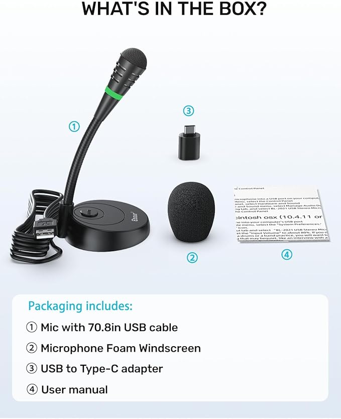 Mic for Mac mini m4, USB C Microphone, Plug &Play Desktop Cardioid Condenser External Small Computer Mic for Laptop, Mute Button, for Windows, MacBook Pro/Air, for Recording, Dictation/Meeting
