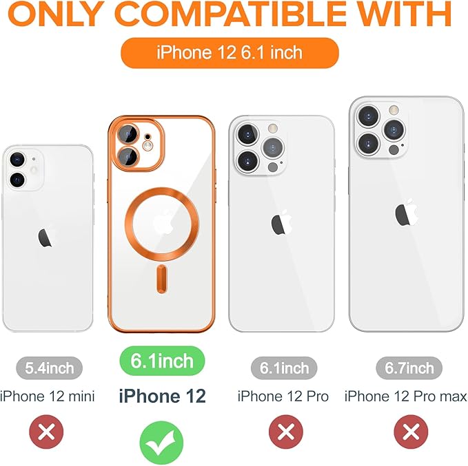 Hython Magnetic Clear for iPhone 12 Case with Camera Lens Protector [Compatible with MagSafe] Luxury Plating Edge Slim Soft TPU Cover Protective Phone Case for iPhone 12 6.1", Matte Orange