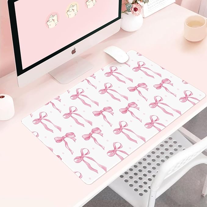 White Mouse Pad with Pink Bows, Cute Desk Mat Pink Keyboard Mat for Computer Laptop Non-Slip Rubber Base, Large Office Mat Girly Desktop Accessories School Office Supplies for Girls Women 23.6 x 11.8